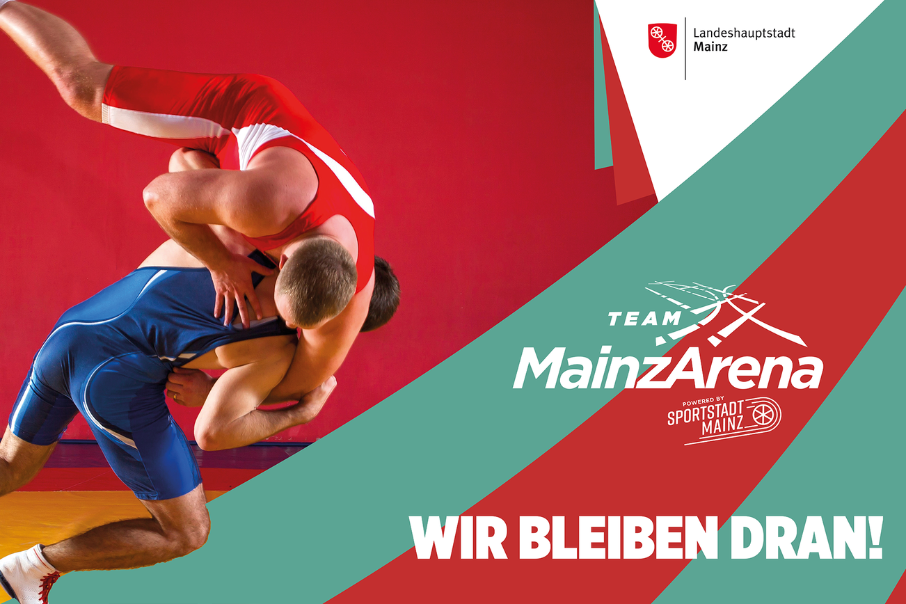 Sportler und der Schriftzug: MainzArena - Wir bleiben dran.
