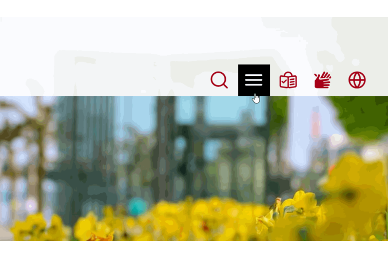 Screenshot der Menüleiste im Kopfbereich: eine Lupe, das Hamburger Menü (drei horizontale Striche), auf das der Cursor zeigt, rechts daneben die Icosns für Leichte Sprachte, Gebärdensprache und Spracheinstellungen