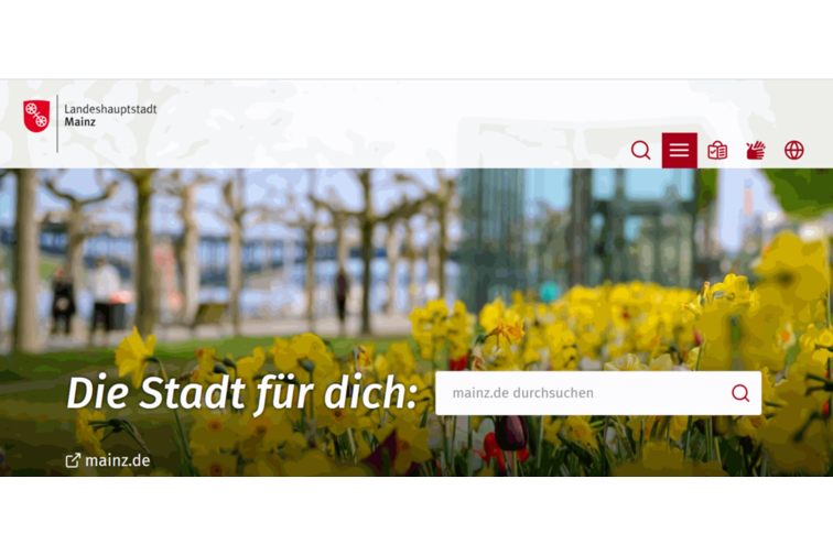 Kopfbereich der Startseite mit dem Slogan: Die Stadt für dich: mainz.de durchsuchen, daneben eine Lupe.