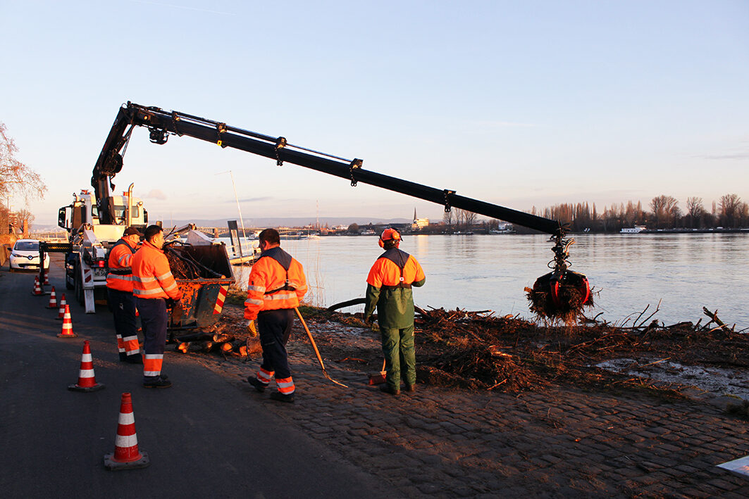 Aufräumarbeiten nach einem Rheinhochwasser