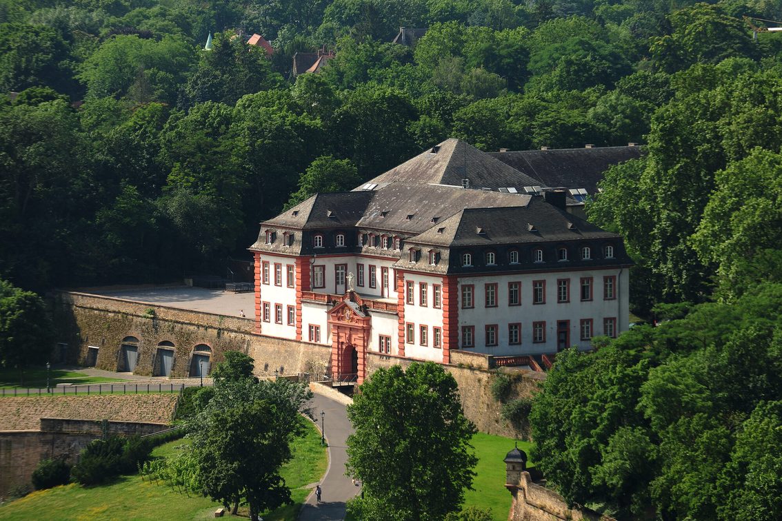 Die Mainzer Zitadelle auf dem Jakobsberg, umgeben von Bäumen