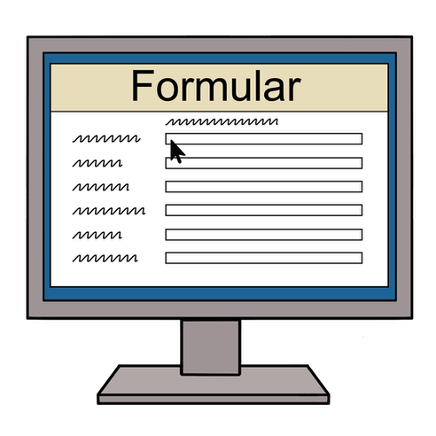 Illustration "Formular": Ein Computer-Bildschirm, auf dem Formular steht und ein Formular angedeutet ist.