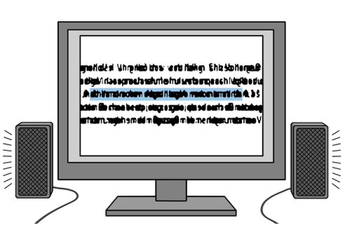 Illustration "Screenreader": Ein Computer-Bildschirme mit Text, ein Teil ist blau markiert, links und rechts zwei Boxen, aus denen es schallt.