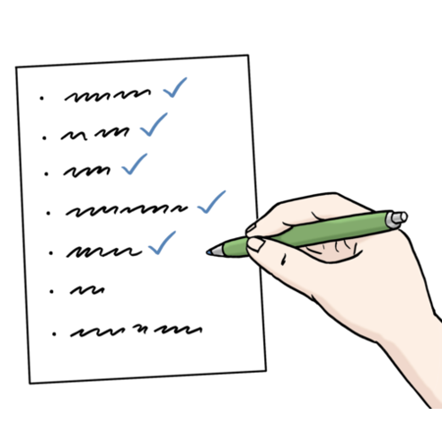 Illustration "Checkliste": Eine Hand hält einen grünen Kugelschreiber und hakt eine Liste ab.