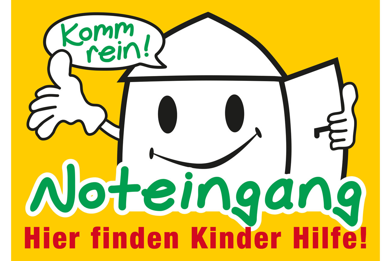 Grafik eines sprechenden Hauses "Komm rein!" mit grüner Schrift "Noteingang"