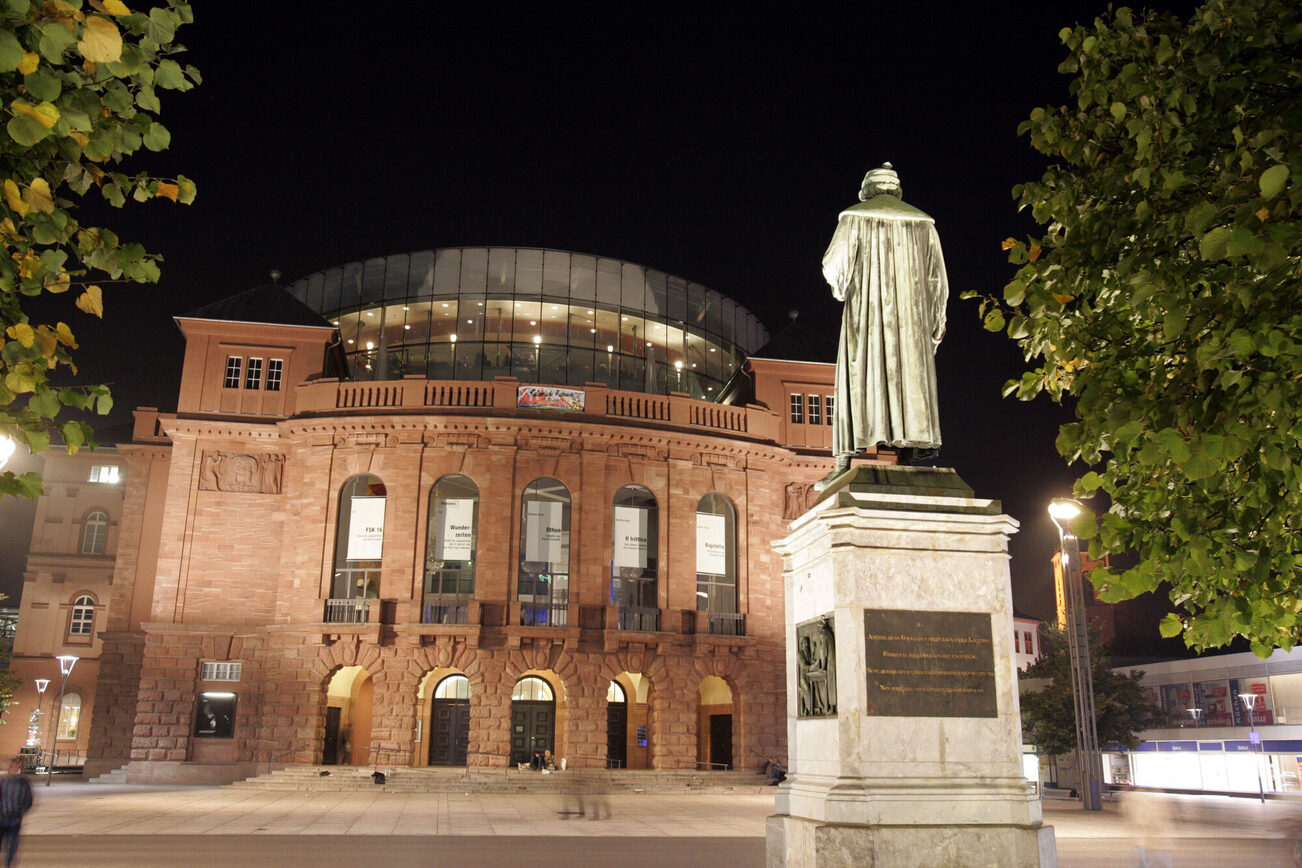 Mainz State Theater with Gutenberg monument