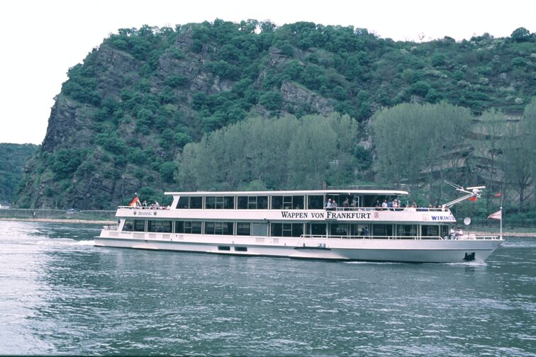 A Primus Line excursion boat on the Rhine in front of the Loreley