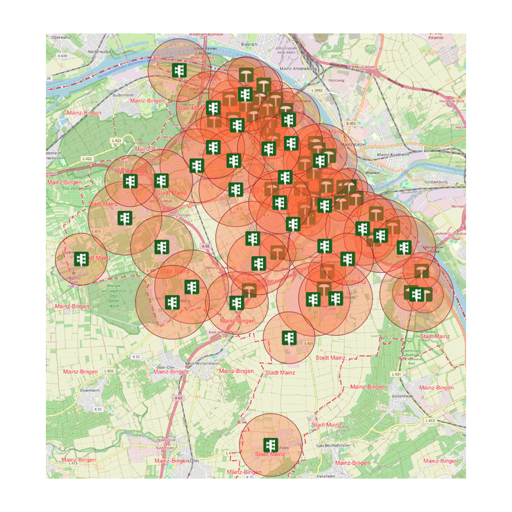 Karte mit den Sirenenstandorten im Stadtgebiet Mainz