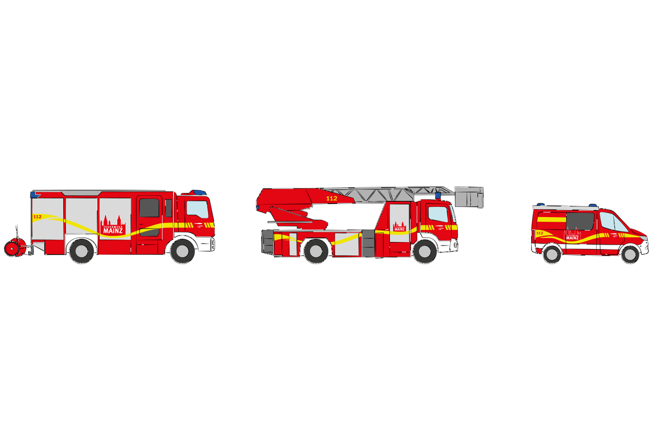 Löscheinheit (LE): Löschfahrzeug, Drehleiter,  Einsatzleitwagen (10 Funktionen)