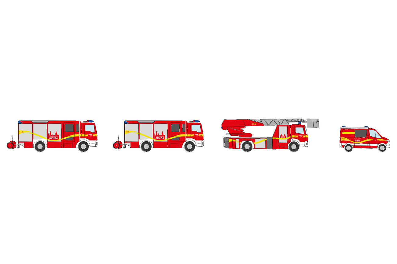 Löschzug (LZ): zwei Löschfahrzeuge, Drehleiter, Einsatzleitwagen (16 Funktionen)
