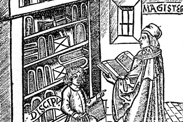 Masters and students in front of the bookcase