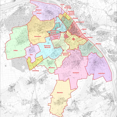 Mapa miasta Moguncji z dzielnicami zaznaczonymi kolorami