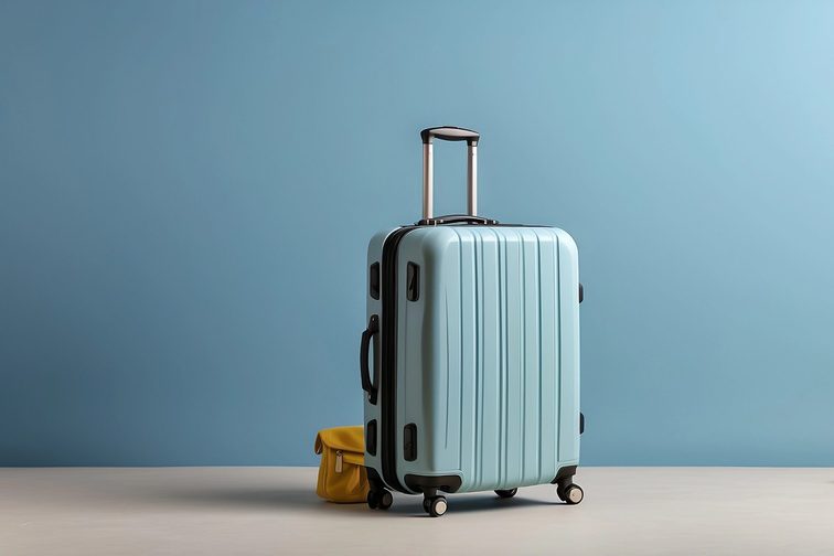 Ein gepackter Reisekoffer und eine Handtasche vor einer blauen Wand in einem leeren Raum.